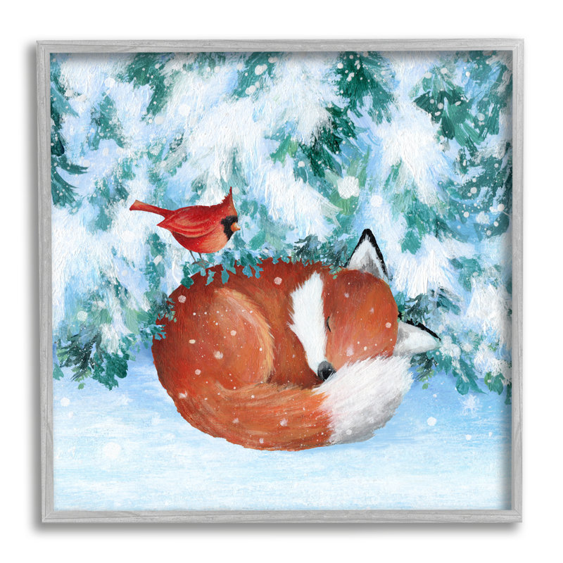 Ba-801 - Renard endormi dans la neige encadré sur bois par Emma Leach, Gris, H 24 po x l 24 po x P 1,5 po
