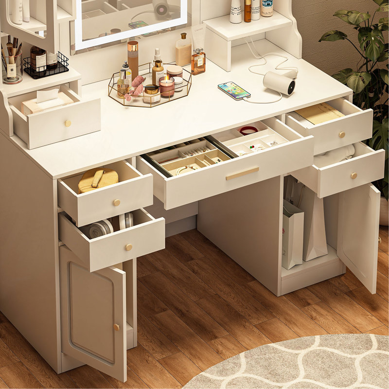 Grande coiffeuse avec miroir, 6 tiroirs et tablettes, bureau de commode