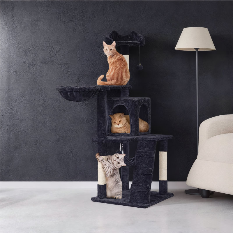 Arbre à chat noir 53,5 po à plusieurs niveaux avec condo et poteaux à griffer, Noir