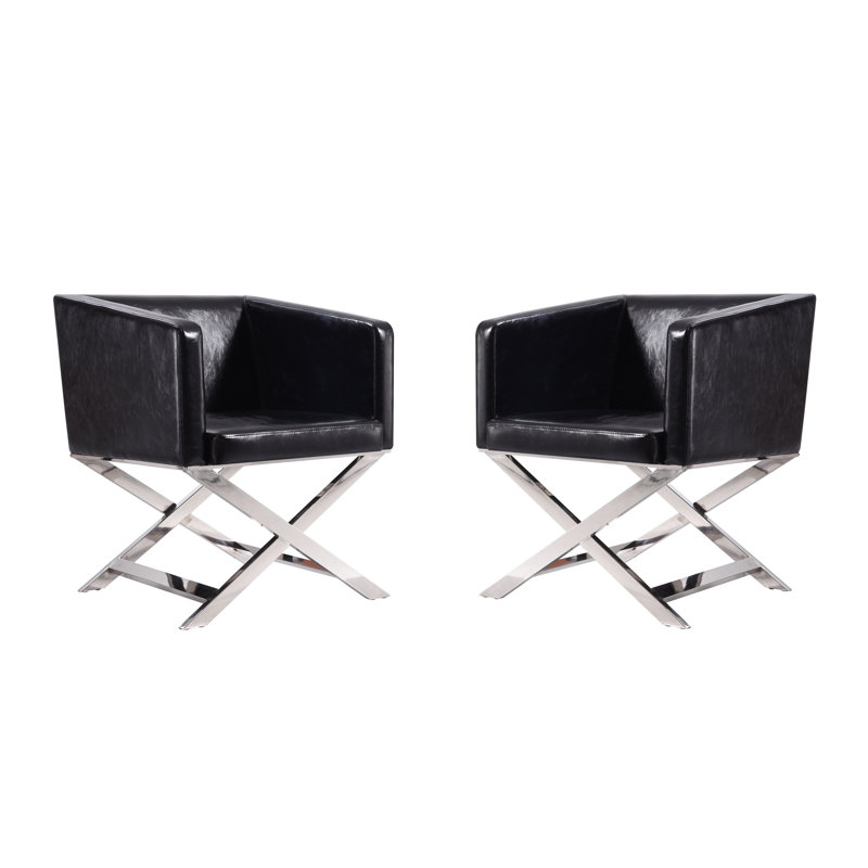 Hollywood Contemporary Vegan Leather Upholstered Stainless Steel Accent Armchair in Black, Black Faux Leather