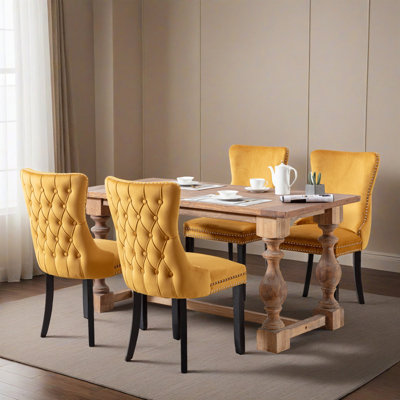 Upholstered Tufted Wing-Back Dining Chair with Backstitching Nailhead Trim and Solid Wood Legs, Set of 4