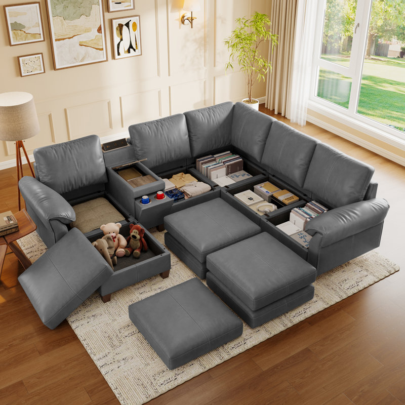 Canapé modulaire en V en forme de V de 107 po de largeur avec siège et console de 107 po, gris, Gris