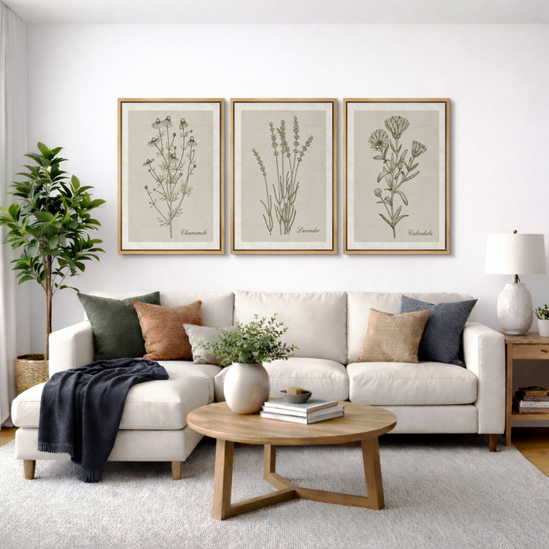 Minimal Botanical "Green Wildflower Modern Artwork, Simple Minimalist Floral Wall Pictures, Framed Canvas Giclée Print 3 Pieces Wall Art" 16"x24"x3 pcs, 24"x36"x3 pcs