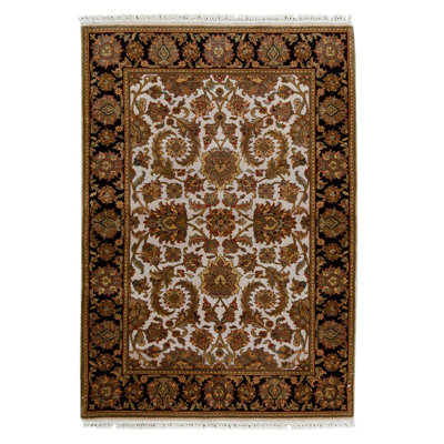 Tapis unique en laine noué à la main de 4 pi 2 po x 6 pi noir / ivoire / brun