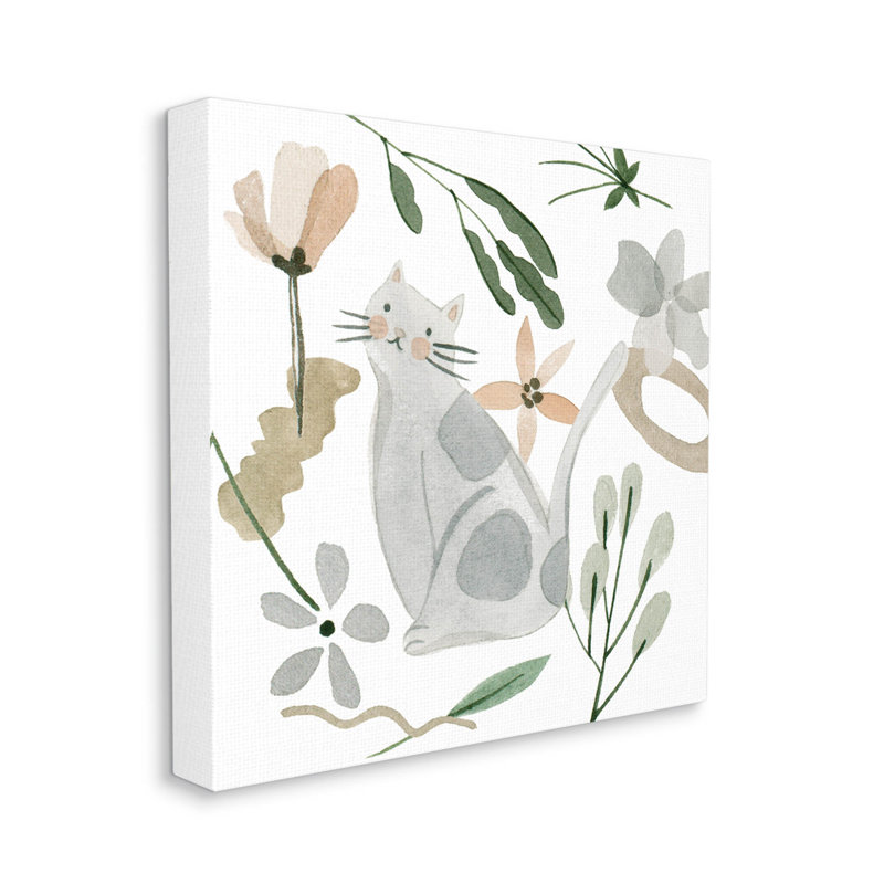 Whimsical Cat and Herbs Multicolor Canvas Wall Art