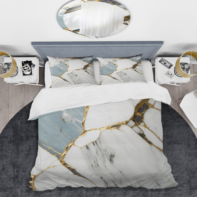 Ensemble de housse de couette en microfibre / polyester à motif géométrique abstrait or et blanc Marble I