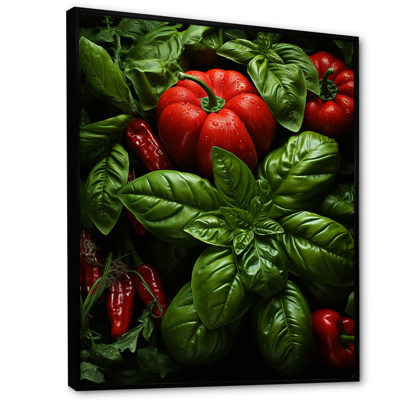 «Herbs Basil Vibrance 3», art mural herbes florales, Cadre flottant noir, 32" H x 24" W