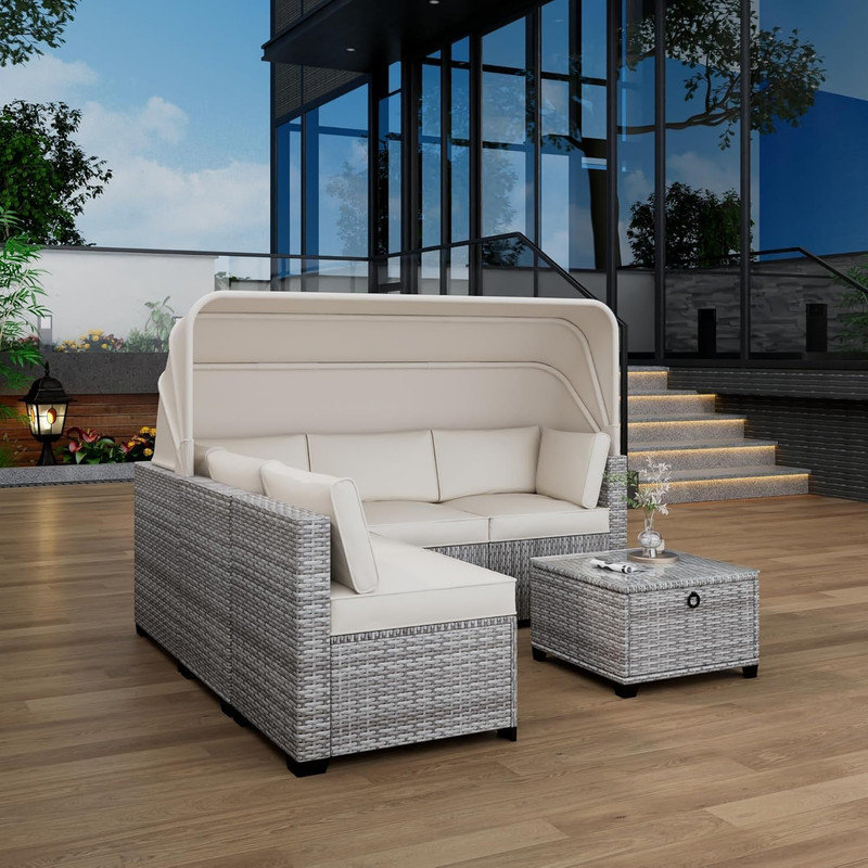 Ensemble de lit de jour pour l'extérieur 6 pièces - Patio avec auvent rétractable, dossiers réglables pour la piscine, Grey