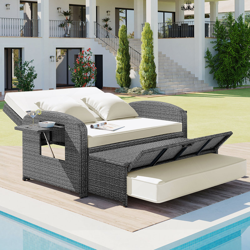 Chaise longue double en rotin PE pour 2 personnes avec dossier réglable en hauteur, Blanc