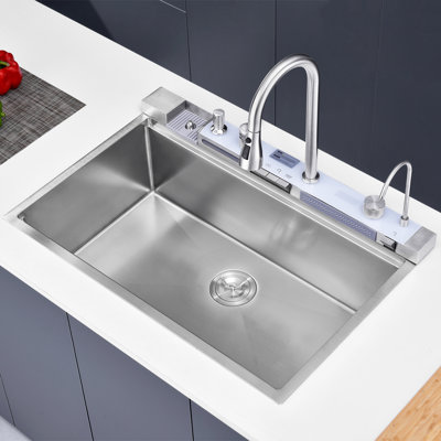Évier de cuisine encastré 33 po à cuve intégrée en acier inoxydable T304 avec robinet rétractable à affichage numérique