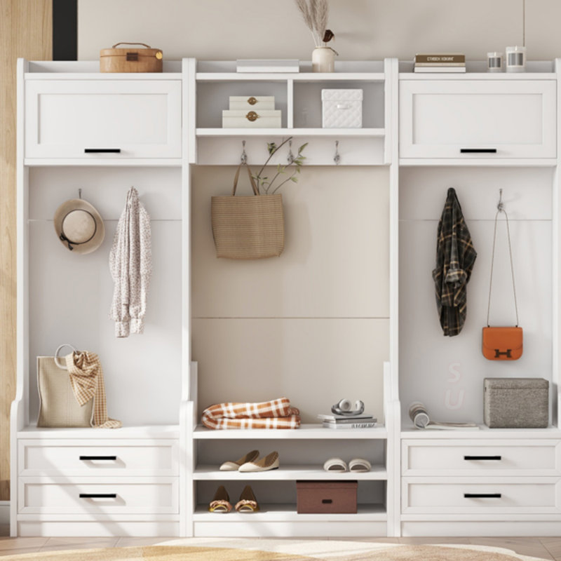 4-In-1 Detachable Hall Tree With Storage And 7 Hooks, Multi-Functional Entryway Organizer For Shoes And Coats, White