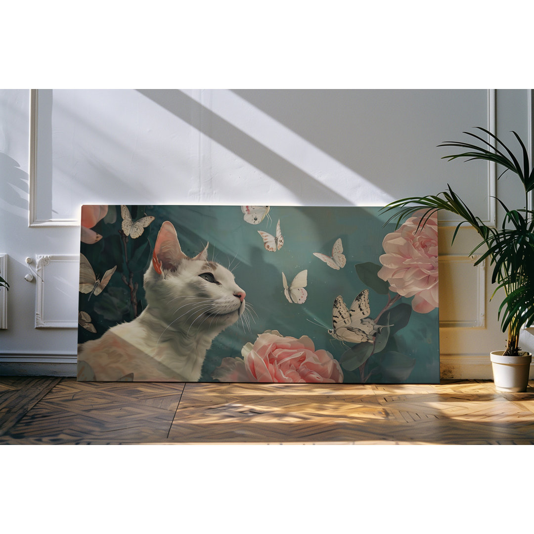 Wandbild 120x60cm Weiße Katze Schmetterlinge Blumen Blüten Kunstvoll