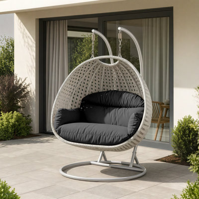 Fauteuil d'œuf d'extérieur en osier pour 2 personnes avec support et coussins Mendoza - Double balancelle suspendue résistante aux rayons UV pour patio et jardin