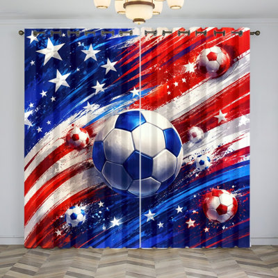 2 pièces rideaux occultants thème football, drapeaux de fenêtre de drapeau américain à imprimé football, panneaux de passe-tringle filtrant la lumière pour le salon, la chambre, la coupe du monde de soccer, décor
