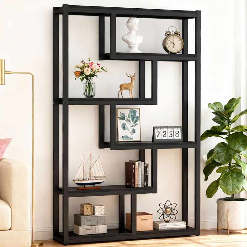 69" H Industrial Bookcase with Open Shelves and Metal Frame, Dark Walnut