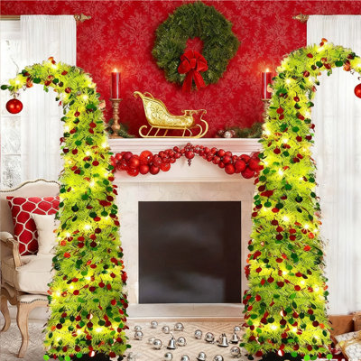 2 pièces arbre de Noël à guirlande pop-up 5 pi, arbres de Noël avec 50 lumières, arbre de Noël compact et peu encombrant, arbre Grinch facile à assembler pour les fêtes
