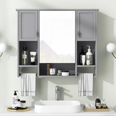 35'' X 28'' Modern Wall Mounted Bathroom Storage Cabinet, Bathroom Wall Cabinet With Mirror, Medicine Cabinet With Towels Bar