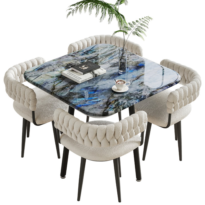 Ensemble de table de salle à manger carrée en pierre micro-cristalline avec 4 chaises, Bleu, Blanc