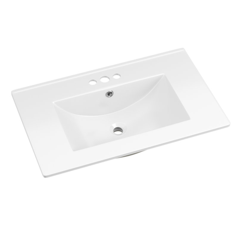 Comptoir de meuble-lavabo 30 po x 18¼ po à trois trous, comptoir en céramique avec trop-plein, vasque rectangulaire encastrée, blanc brillant