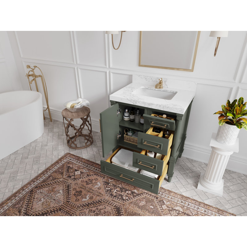 Ensemble de meuble-lavabo simple 30 po Flavell, Quartz de Carrare, bordure droite
