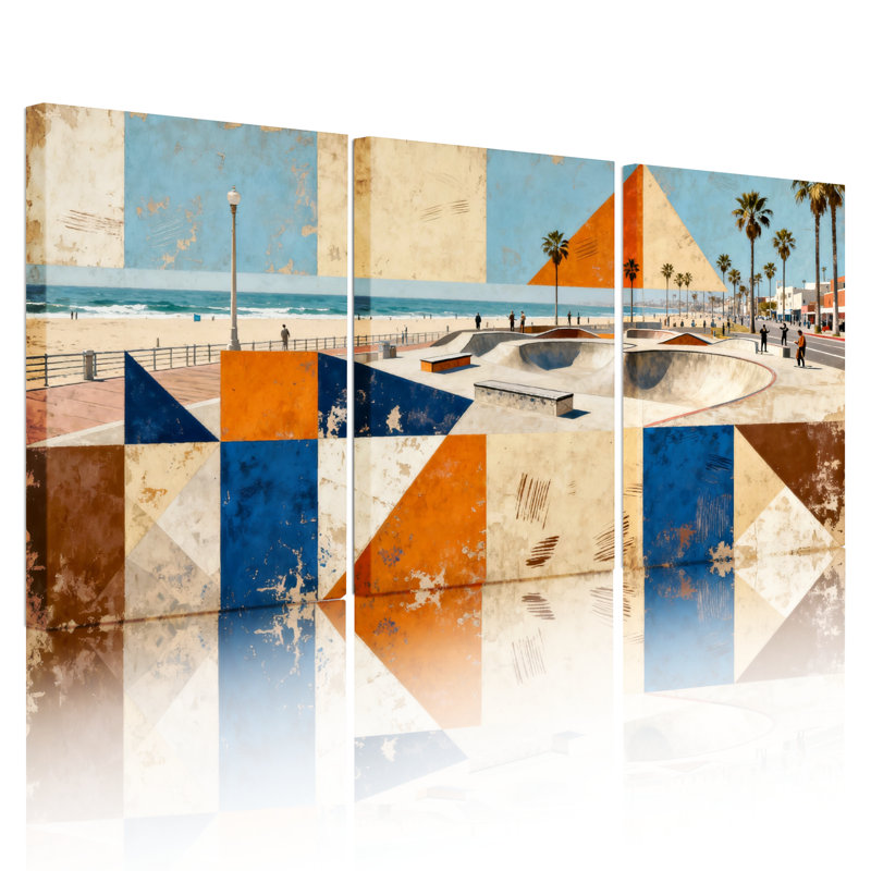 Tableau abstrait sur toile tendue, motif paysage de plage géométrique (lot de 3), H 36 po x l 72 po