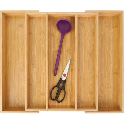 Bamboo Expandable Kitchen Drawer Organizer, Adjustable Utensil Holder And Cutlery Tray Organiser, Drawer Divider For Silverware, Flatware, Knives In Kitchen, Bedroom, Living Room, 5 Slot