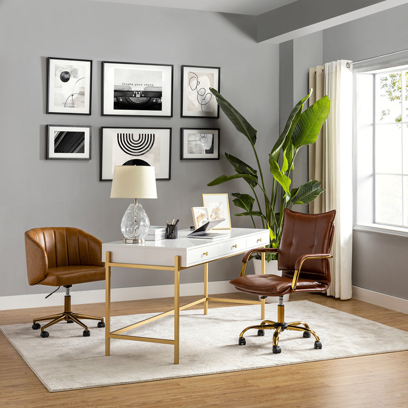 Lundgren Faux Leather Task Chair with Padded Arms, Brown Pebbled Faux Leather