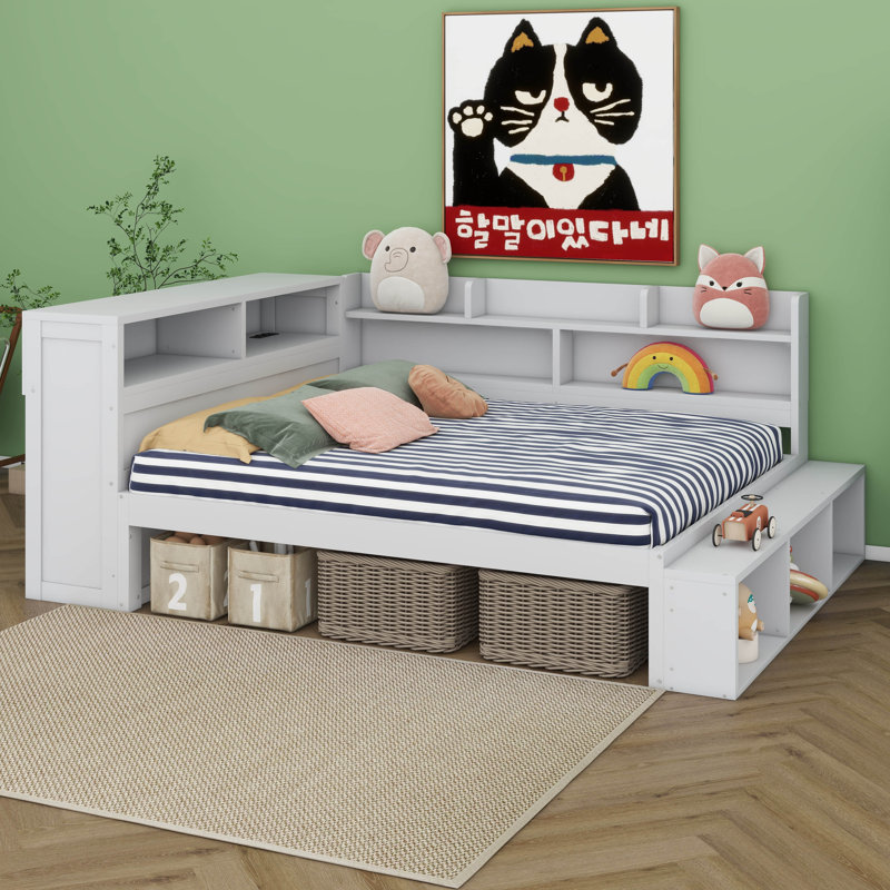 Full Size Daybed With Storage Cabinets And Shoe Cabinet, Wood Corner Bed With USB Ports, Gris