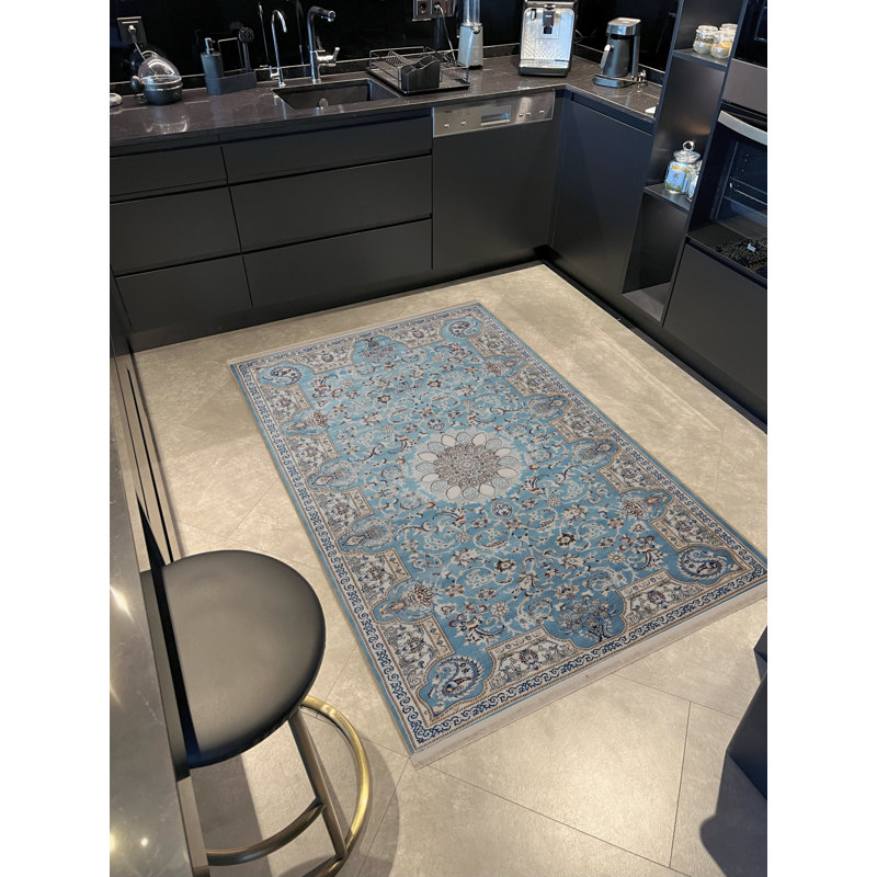 Tapis décoratif rétro à motif floral bleu et gris, Rectangle 3 pi 9,81 po x 4 pi 11,06 po