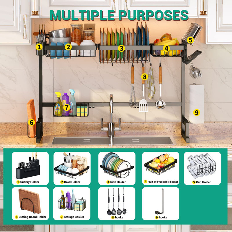 Over The Sink Drying Rack (Expandable Dimension) Snap-On Design 2 Tier Large Dish Rack Kitchen Count Organization and Storage