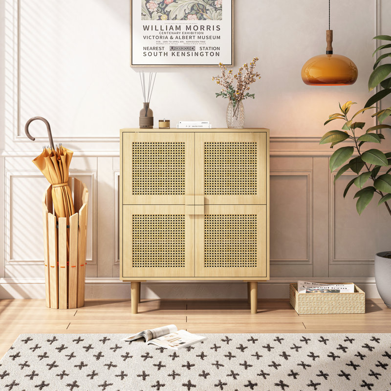 4-Doors Rattan Mesh Storage Cabinet, Natural Wood