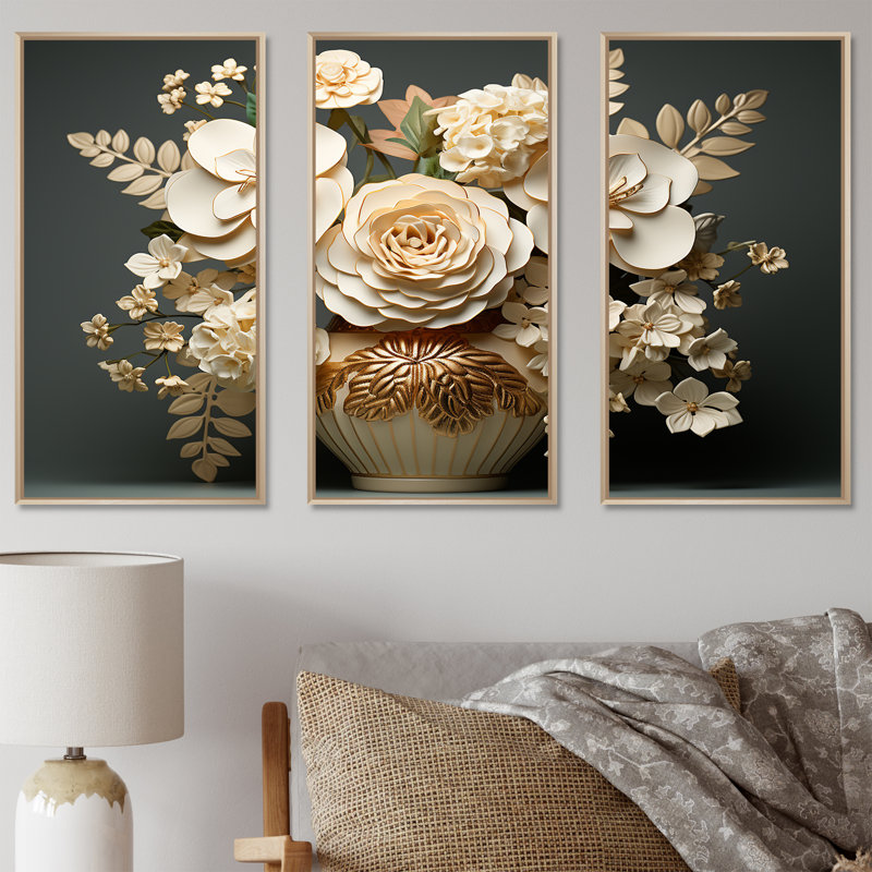 Ensemble d'hortensias baroque blanc et doré VI - Hydrangea, Cadre naturel flottant, H 28 po x l 36 po x P 1 po