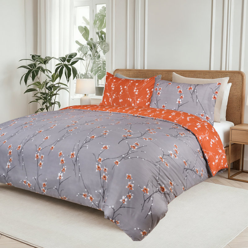 Dual Pattern Reversible Brushed Microfiber Printed Duvet Cover Set With Matching Pillow Covers, Rust Floral