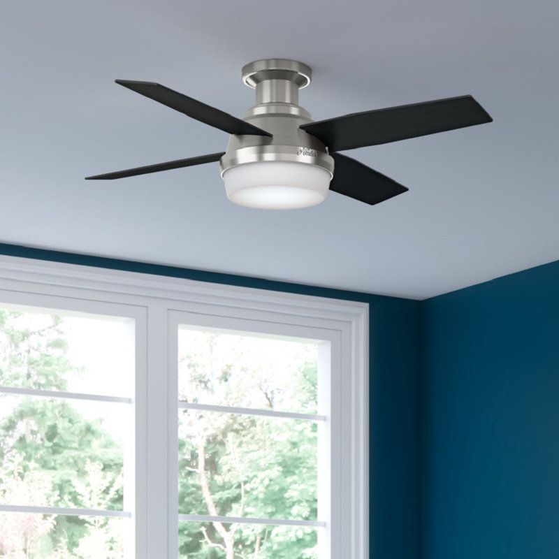 Dempsey Low Profile 44" 4 - Blade Indoor Flush Mount Small Room Ceiling Fan with Lights and Remote, Black/Chocolate Oak