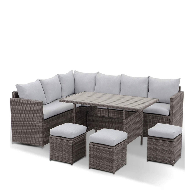 7 Piece  Wicker Outdoor Dining Set,  9-Seat  Outdoor Sectional Gray Cushions Sofa With Ottomans & Dining Table For Porch Backyard Garden