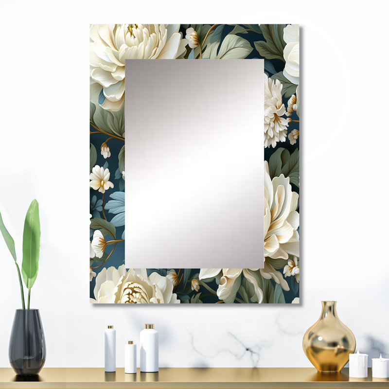 Cedri beige et vert naturel damassé sérénité - miroir floral, miroir mural floral unique, impression d'art en métal