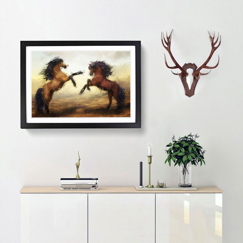 Two Wild Stallion Horses in Abstract - Picture Frame Painting Print, 27cm H x 36cm W x 2cm D, Black Framed