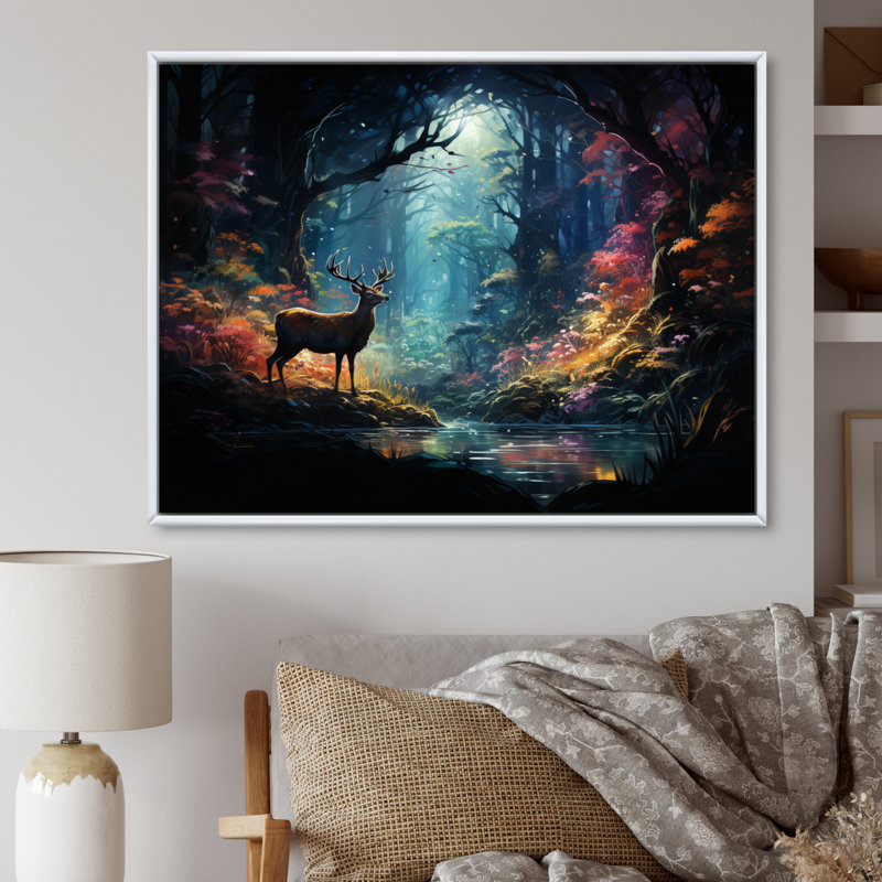 " Deer Enchanted Forest III ", White Floater Framed, 24" H x 32" W x 1" D