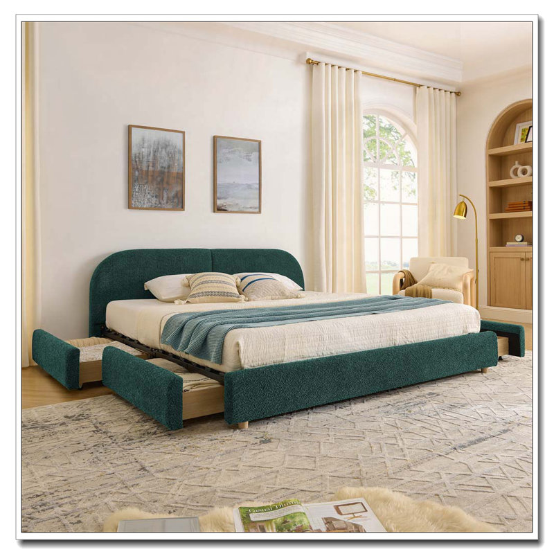 Modern Minimalist Style Upholstered Bed Frame Curved Headboard, Sturdy Leg, Drawer, King, Green