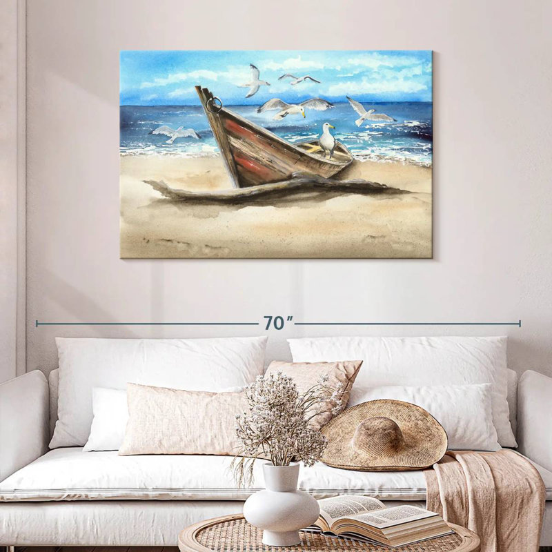 Mouettes et bateau Mehar, H 30 po x l 45 po