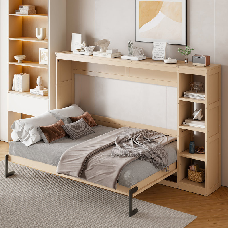 Lit escamotable double avec bibliothèque, naturel, Lit double, Naturel