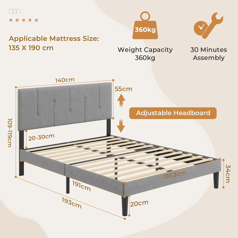 Upholstered Bed, Double (4'6), Light Grey