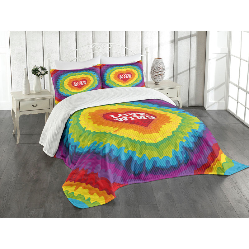 Ambesonne Pride Bedspread Set Love Wins Tie Dye Effect Multicolor, King Bedspread + 2 Standard Shams