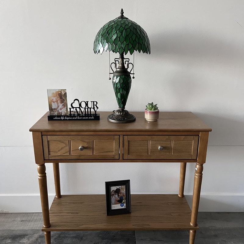 Green Stained Glass Tiffany Table Lamp with Bronze Base, 22" Height