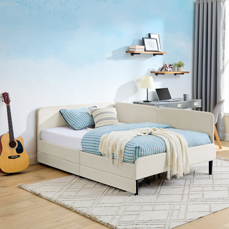 Velvet Upholstery Adjustable  Bed with 2 Storage Drawers, Full, Beige