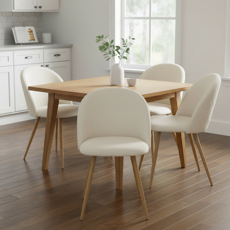 Chaises de salle à manger modernes avec tissu en chenille et pieds en métal d'aspect bois, disponibles en 2 couleurs, Biscuit