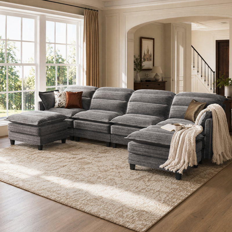 Canapé modulaire en forme de U à 6 places, canapé ergonomique Cloud avec revêtement profond en velours côtelé, canapé moderne et confortable pour grand salon, canapé convertible, gris