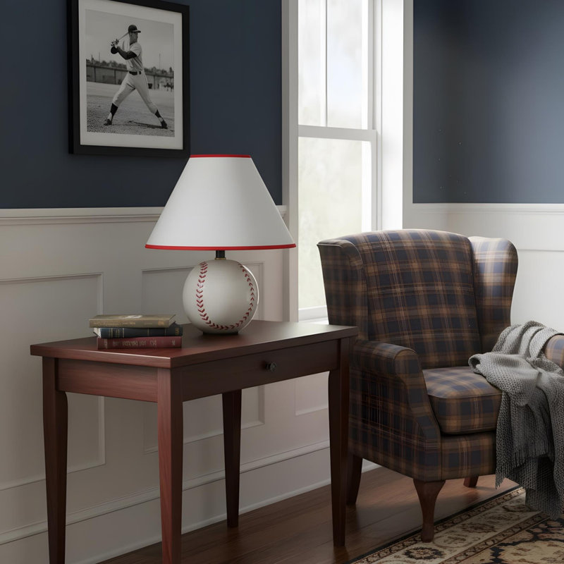 12-inch tall ceramic table lamp, baseball design, linen shade