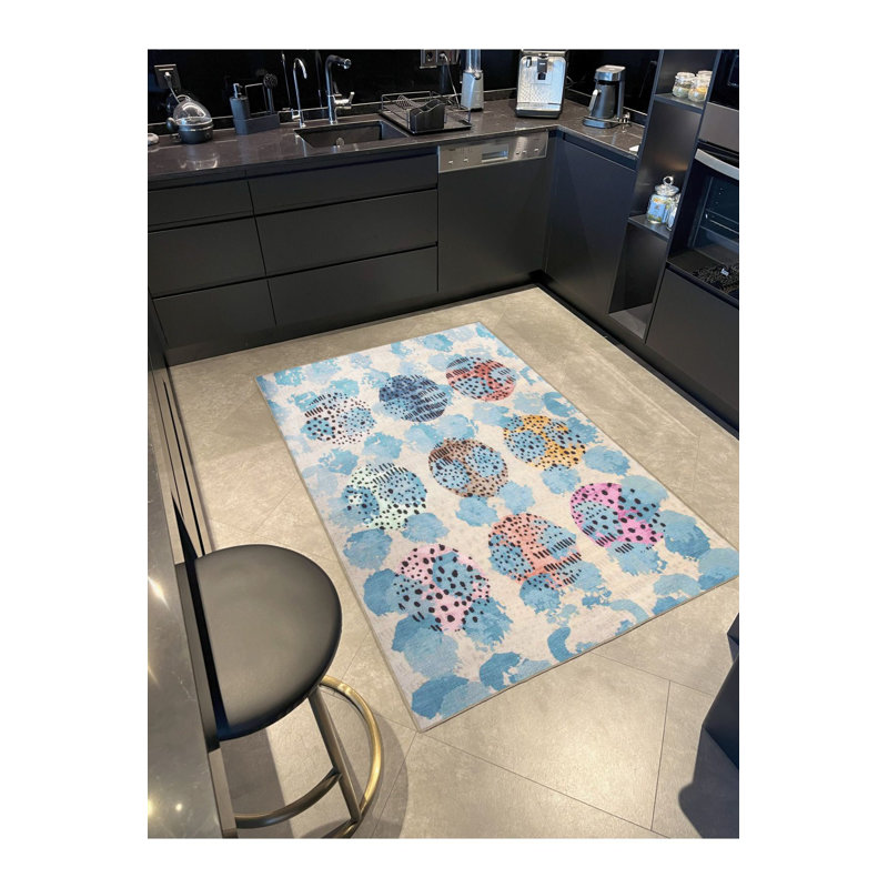 Tapis décoratif bleu à motif abstrait à pois, Carré 3 pi 3 po