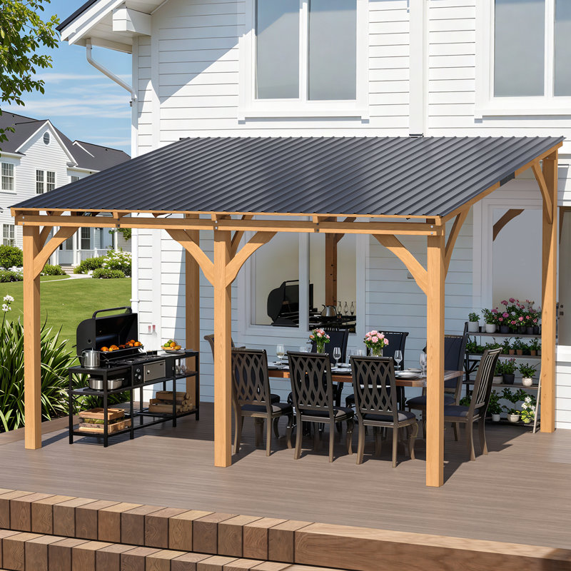 3X3M Outdoor Cedar Lean To Hardtop Pergolas And Gazebos Clearance, 245cm H x 362cm W x 282cm D